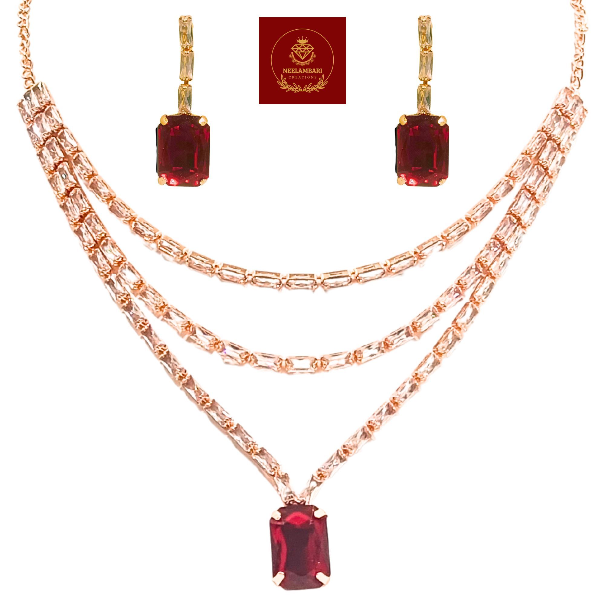 Jia Luxury Handcrafted Rose Gold Plated Necklace Set with Earrings, Red Gemstones