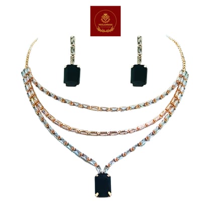 Jia Luxury Handcrafted Rose Gold Plated Necklace Set with Earrings, Black Gemstones