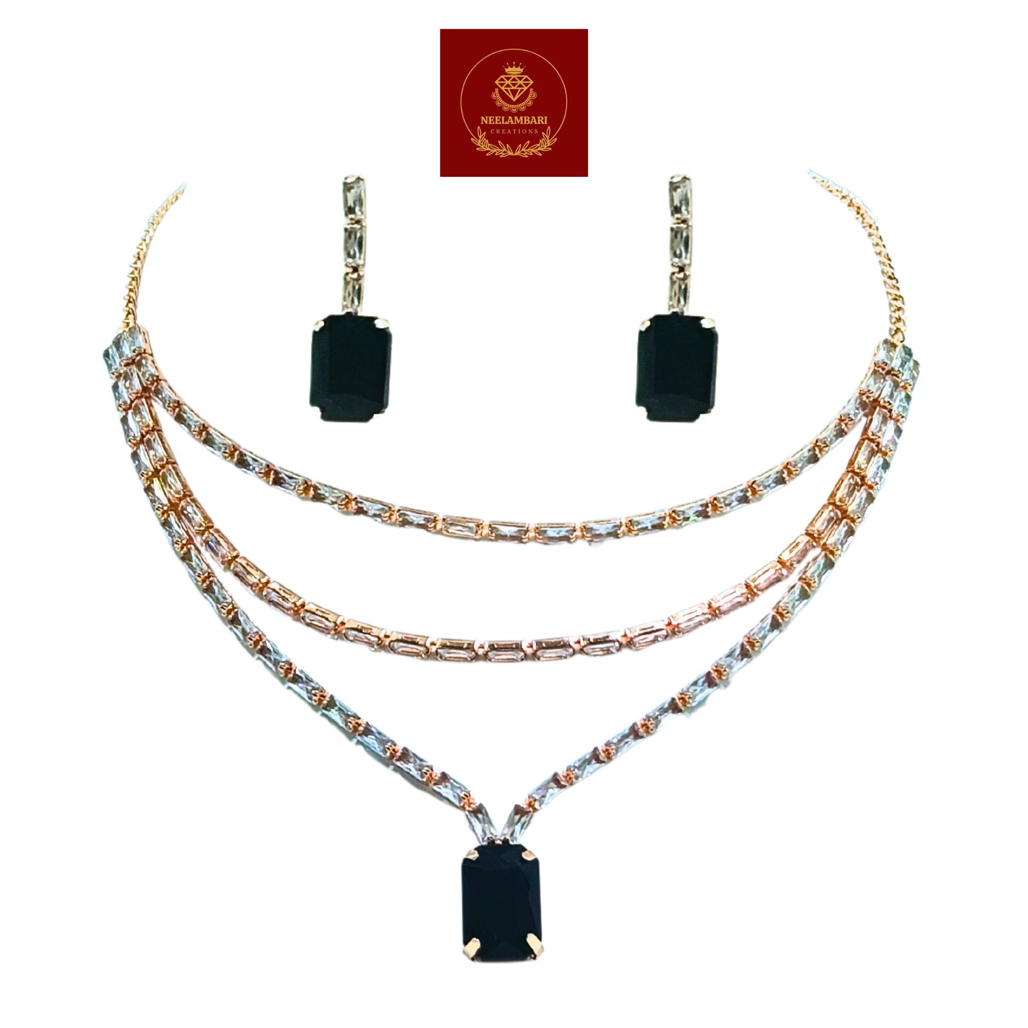 Jia Luxury Handcrafted Rose Gold Plated Necklace Set with Earrings, Black Gemstones
