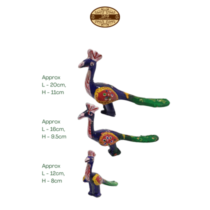 Handcrafted Paper Mache Peacock Figurine, Blue and Green, Set of 3