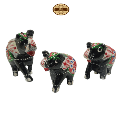 Handcrafted Paper Mache Elephant Family Figurines, Set of 3, Black and Red Colour