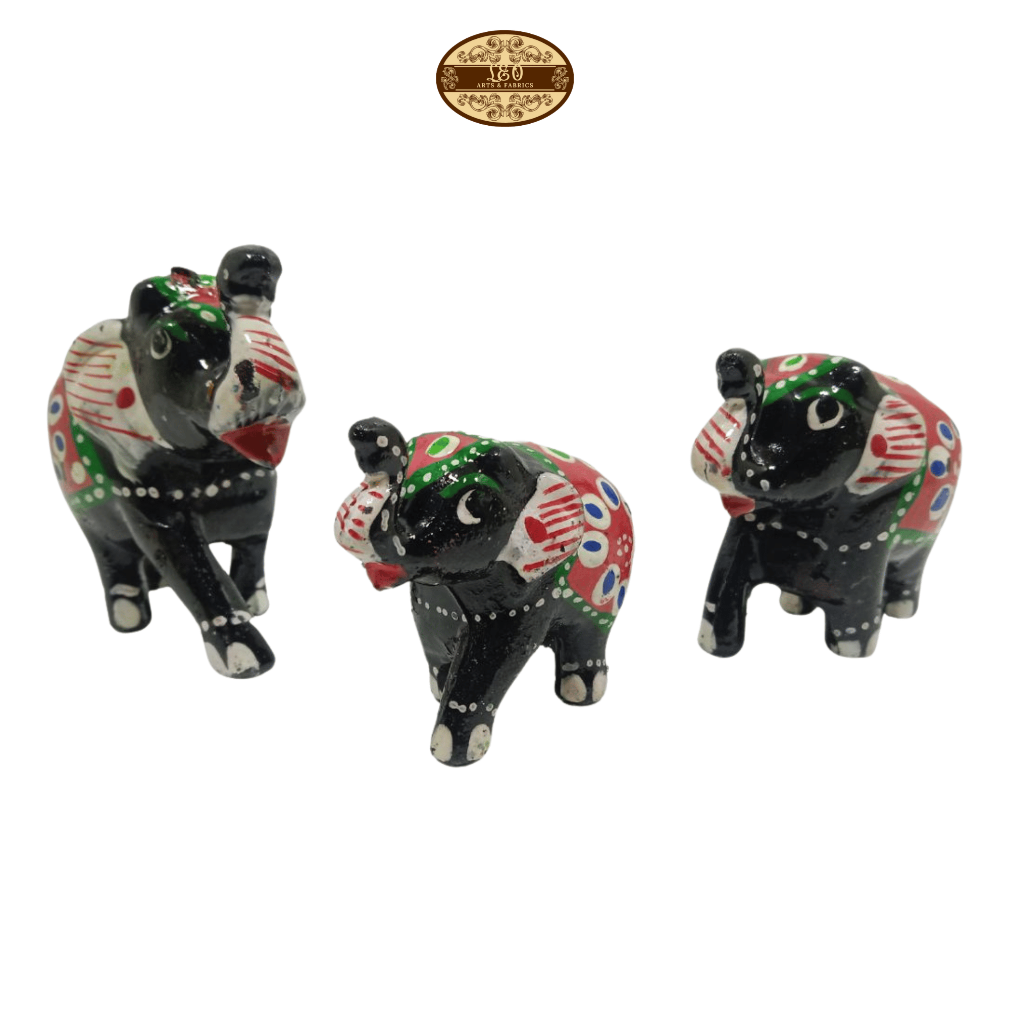 Handcrafted Paper Mache Elephant Family Figurines, Set of 3, Black and Red Colour