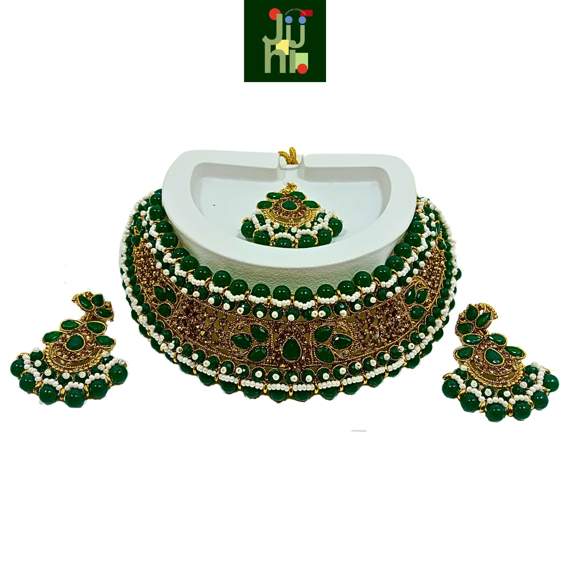 JUHI Luxury Handcrafted Gold Plated Necklace Jewellery Set with Earrings And Mangtika, Green beads, AD