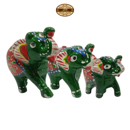 Handcrafted Paper Mache Elephant Family Figurines, Set of 3, Green