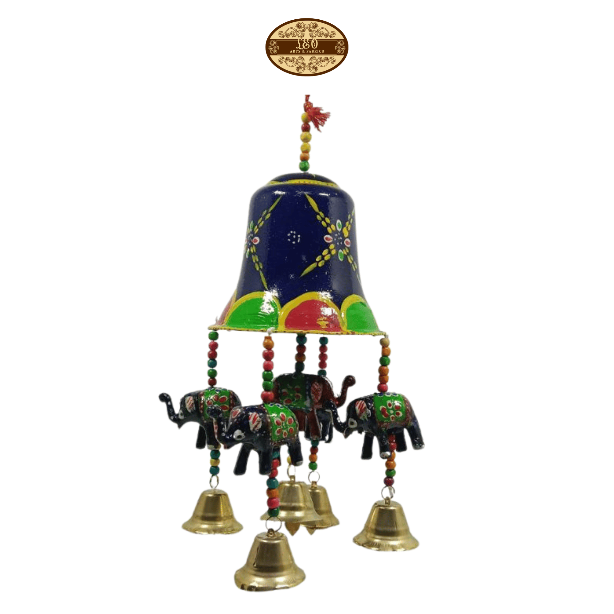 Handcrafted Large Wind chime, Navy Blue, with Multicolored Elephants, Bells, 30cm