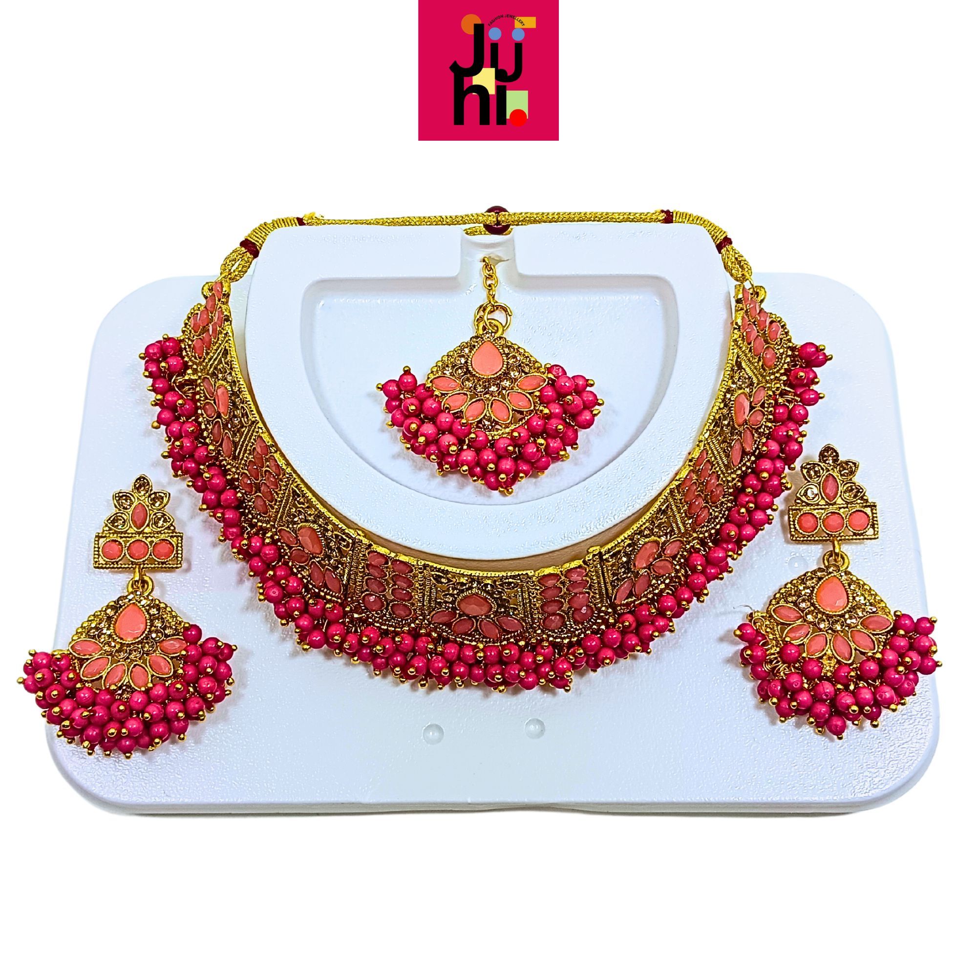 JUHI Luxury Handcrafted Gold Plated Necklace Jewellery Set with Earrings And Mangtika, Pink beads, AD
