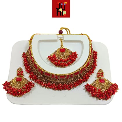 JUHI Luxury Handcrafted Gold Plated Necklace Jewellery Set with Earrings And Mangtika, Red beads, AD