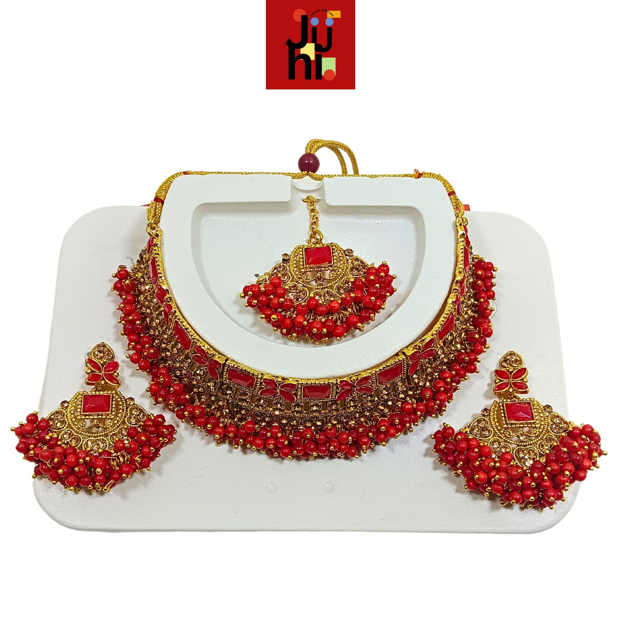 JUHI Luxury Handcrafted Gold Plated Necklace Jewellery Set with Earrings And Mangtika, Red beads, AD