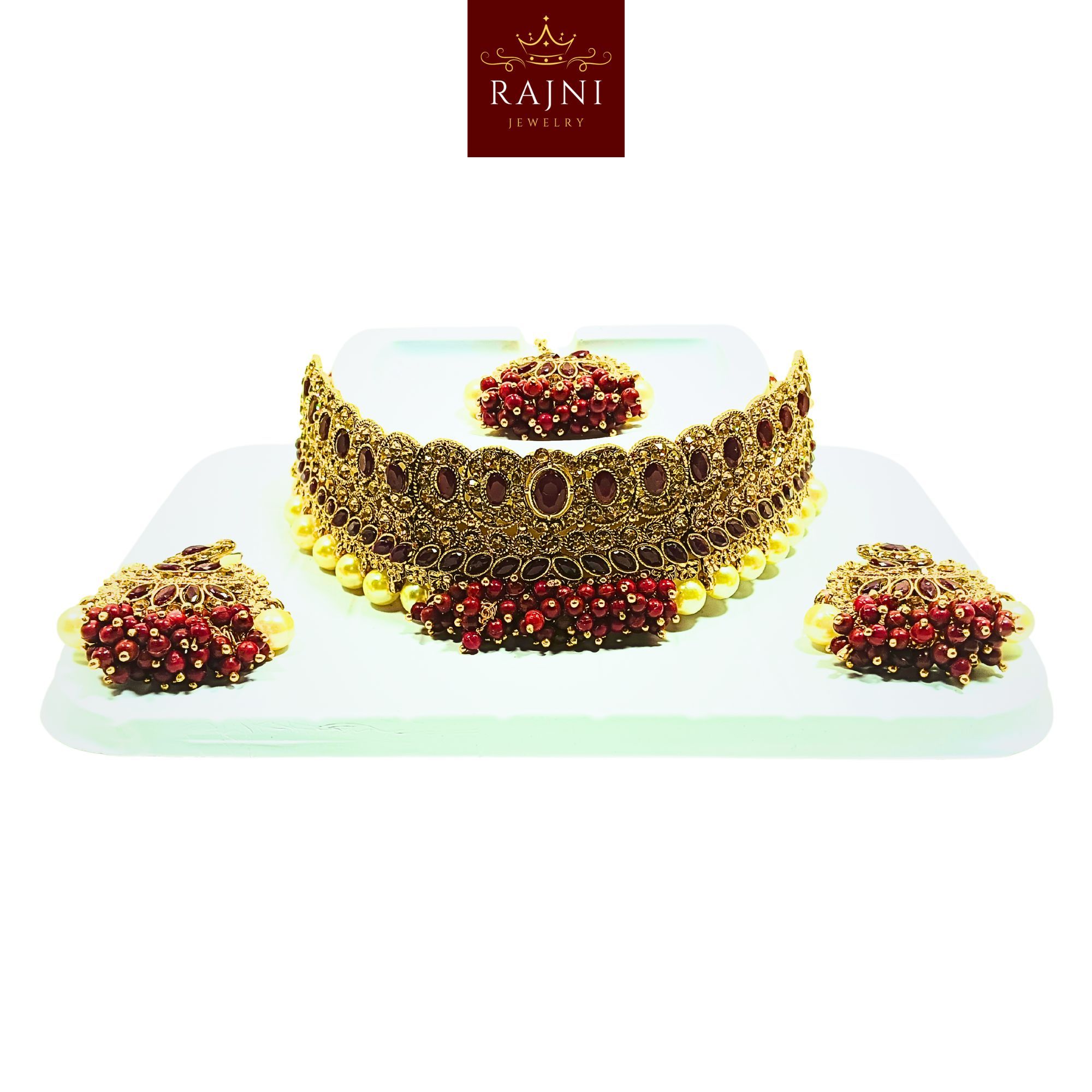 Rajni Luxury Handcrafted Gold Plated Necklace Jewellery Set with Earrings And Mangtika, Beads, Pearl, AD, Multicolour 