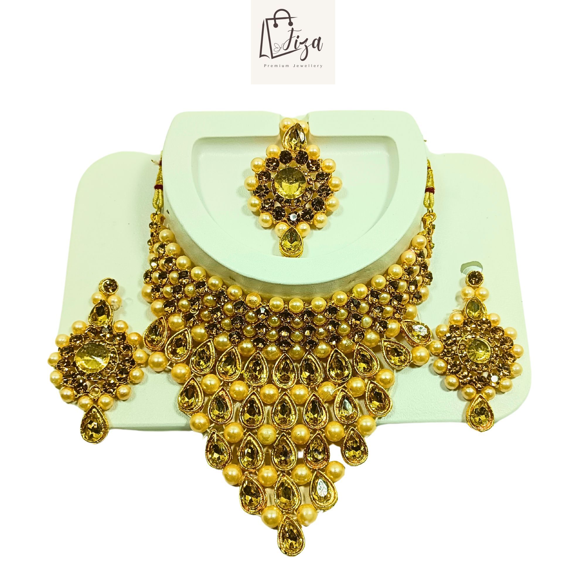 Fiza Luxury Handcrafted Gold Plated Necklace Jewellery Set with Earrings And Mangtika, AD, Pearl