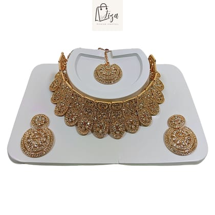 Fiza Luxury Handcrafted Gold Plated Necklace Jewellery Set with Earrings And Mangtika, White AD, Rose Gold