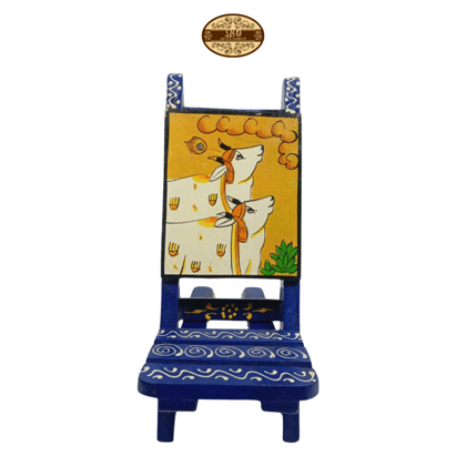 Handcrafted Wooden Chair Mobile Stand - Kamdhenu Design, Blue, L 23.5cm, W 9.5cm, H 4cm
