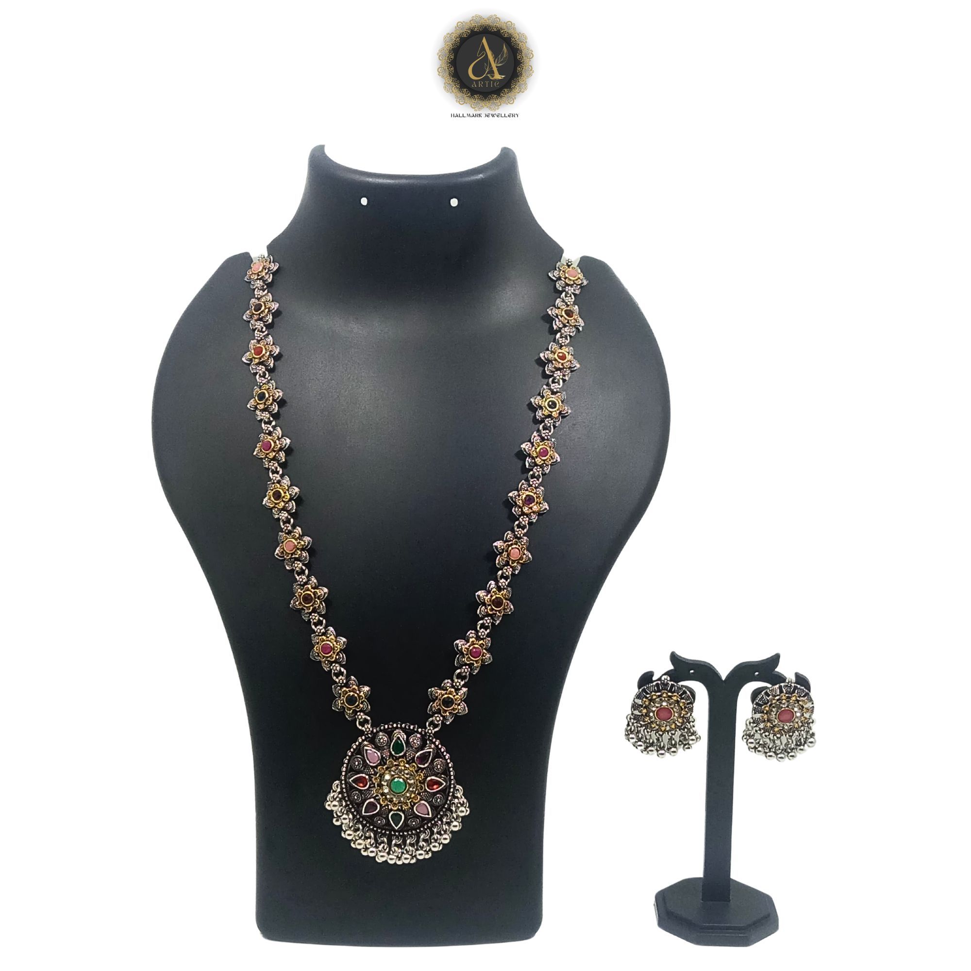 ARTIK HALLMARK Luxury Handcrafted Necklace Jewellery Set with Ear Rings, Oxidized, Round Pendant