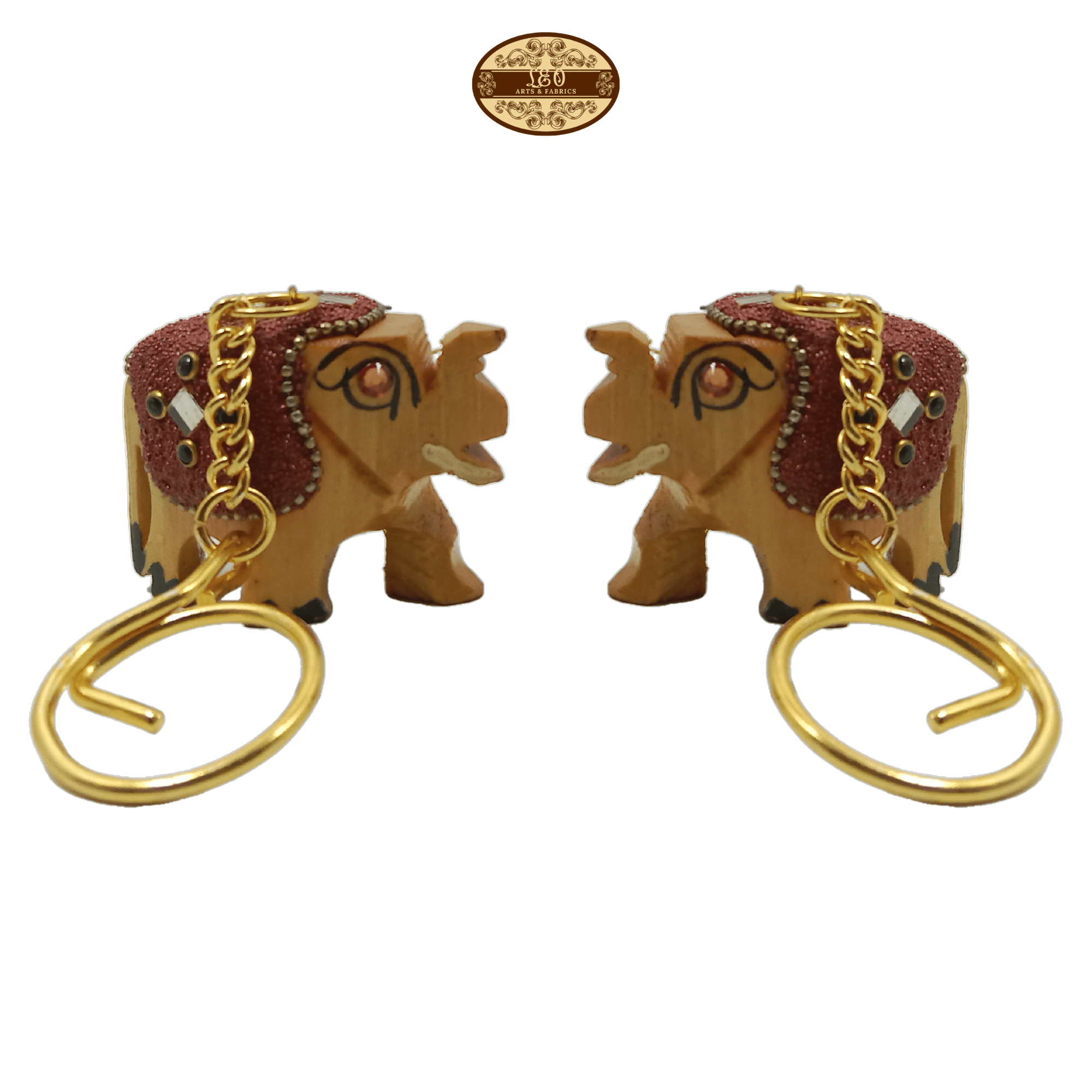 Handcrafted Wooden Elephant Key Chain, Decorative, Bajni Design, Maroon, 6.5 cm x 6 cm x 4.5 cm