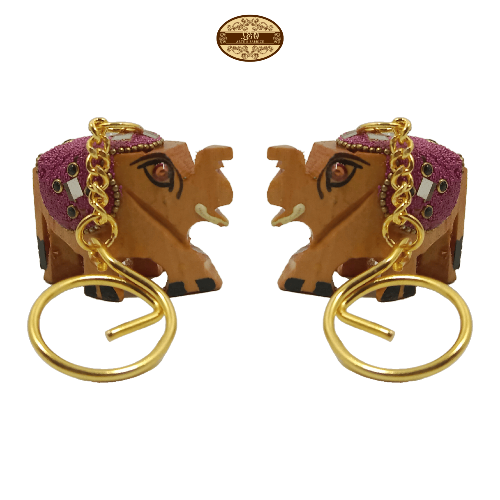 Handcrafted Wooden Elephant Key Chain, Decorative, Bajni Design, Pink, 6.5 cm x 6 cm x 4.5 cm