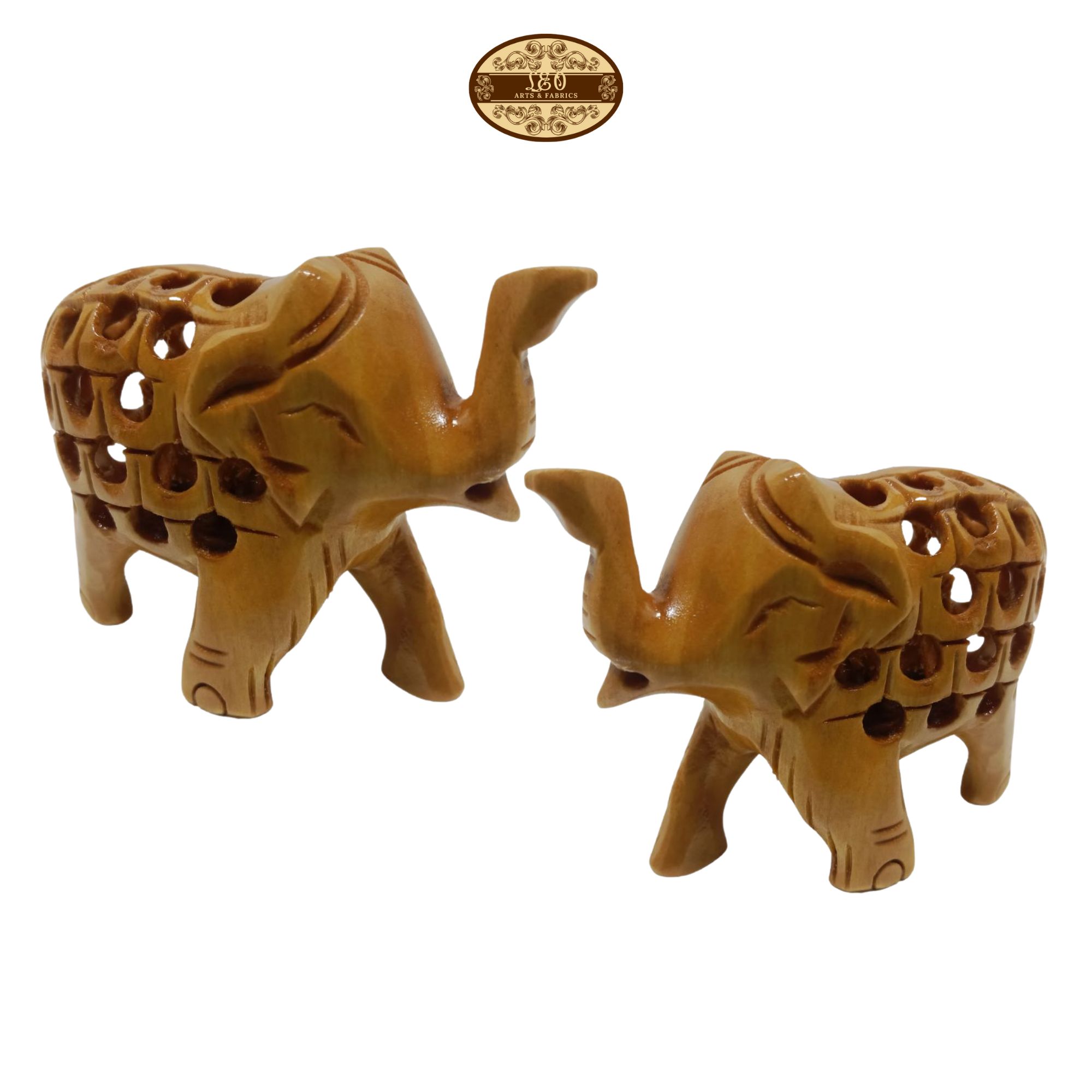 Hand Carved Wooden Undercut Jali Elephant Figurine, Greeting, 5 cm, Pack of 2