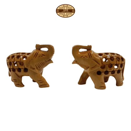 Hand Carved Wooden Undercut Jali Elephant Figurine, Salute, 5 cm, Pack of 2