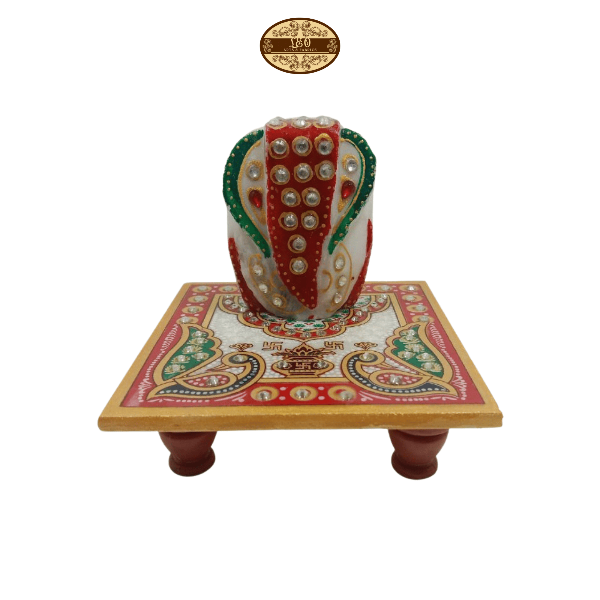 Handcrafted Marble Chowki with Ganesh Figurine, 10cm x 10cm x 9.5cm