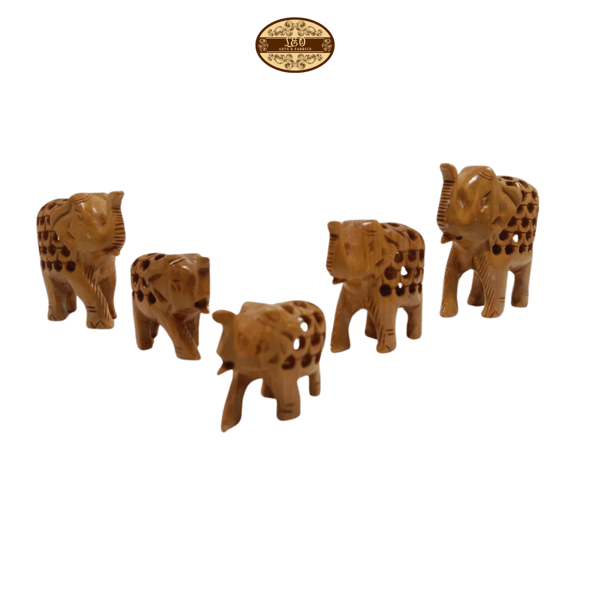 Handcrafted Wooden Elephant Family Figurines, Set of 5, Jali Undercut Design - Smallest 3cm, Largest 8cm