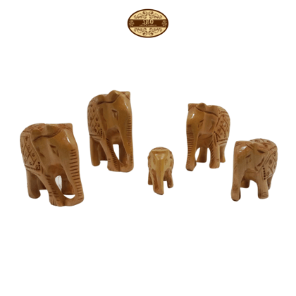 Handcrafted Wooden Elephant Family Figurines, Set of 5, Plain Design - Smallest 3cm, Largest 8cm