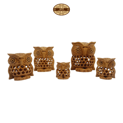 Handcrafted Wooden Owl Family Figurines, Set of 5, Jali Undercut Design, 3.5cm to 8cm