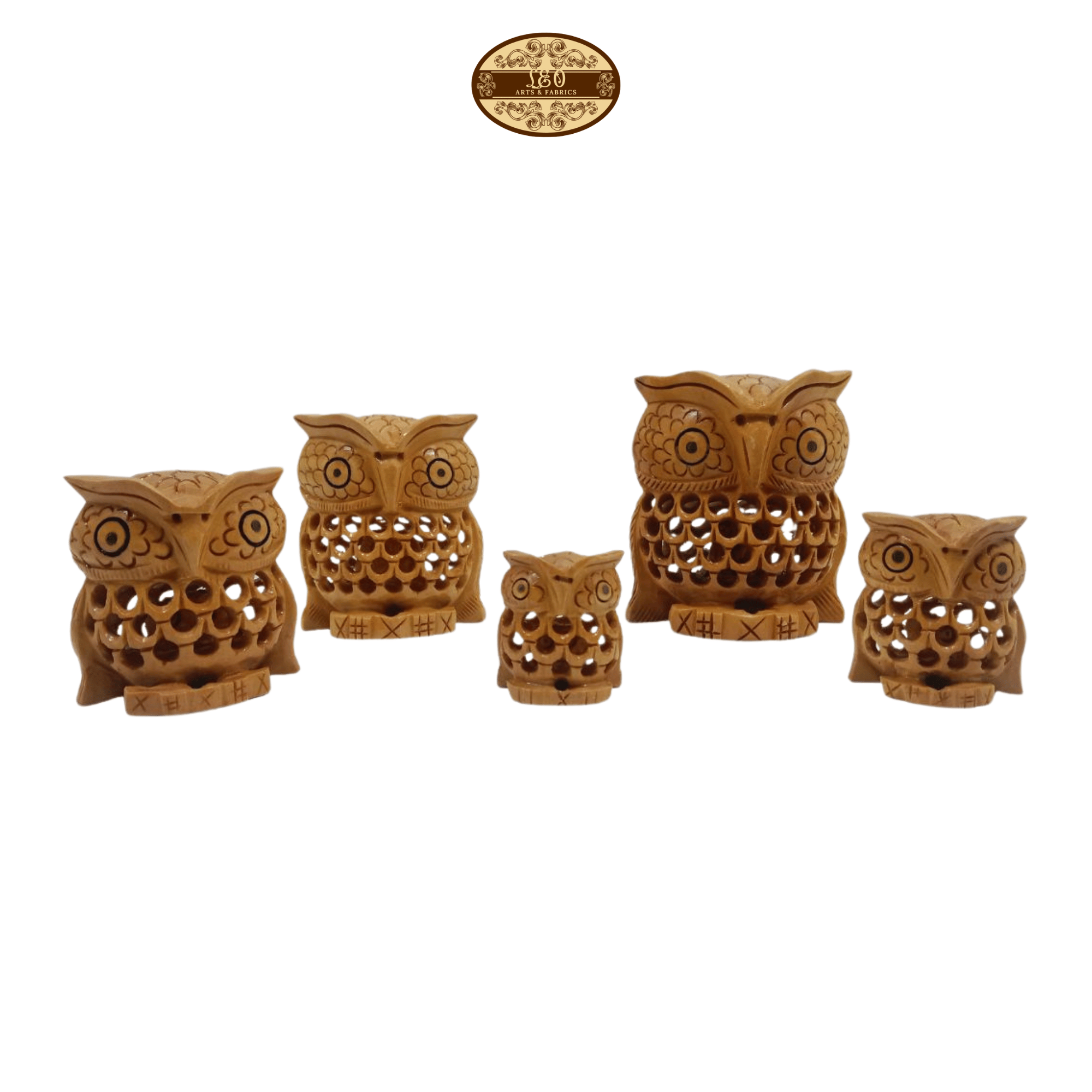 Handcrafted Wooden Owl Family Figurines, Set of 5, Jali Undercut Design, 3.5cm to 8cm