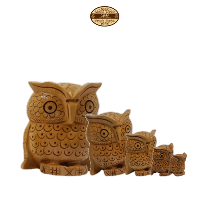 Handcrafted Wooden Owl Family Figurines, Set of 5, Plain Design, 3.5-8cm