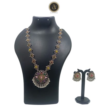ARTIK HALLMARK Luxury Handcrafted Necklace Jewellery Set with Ear Rings, Oxidized, Round Pendant, Multi AD, Center stone Light Pink