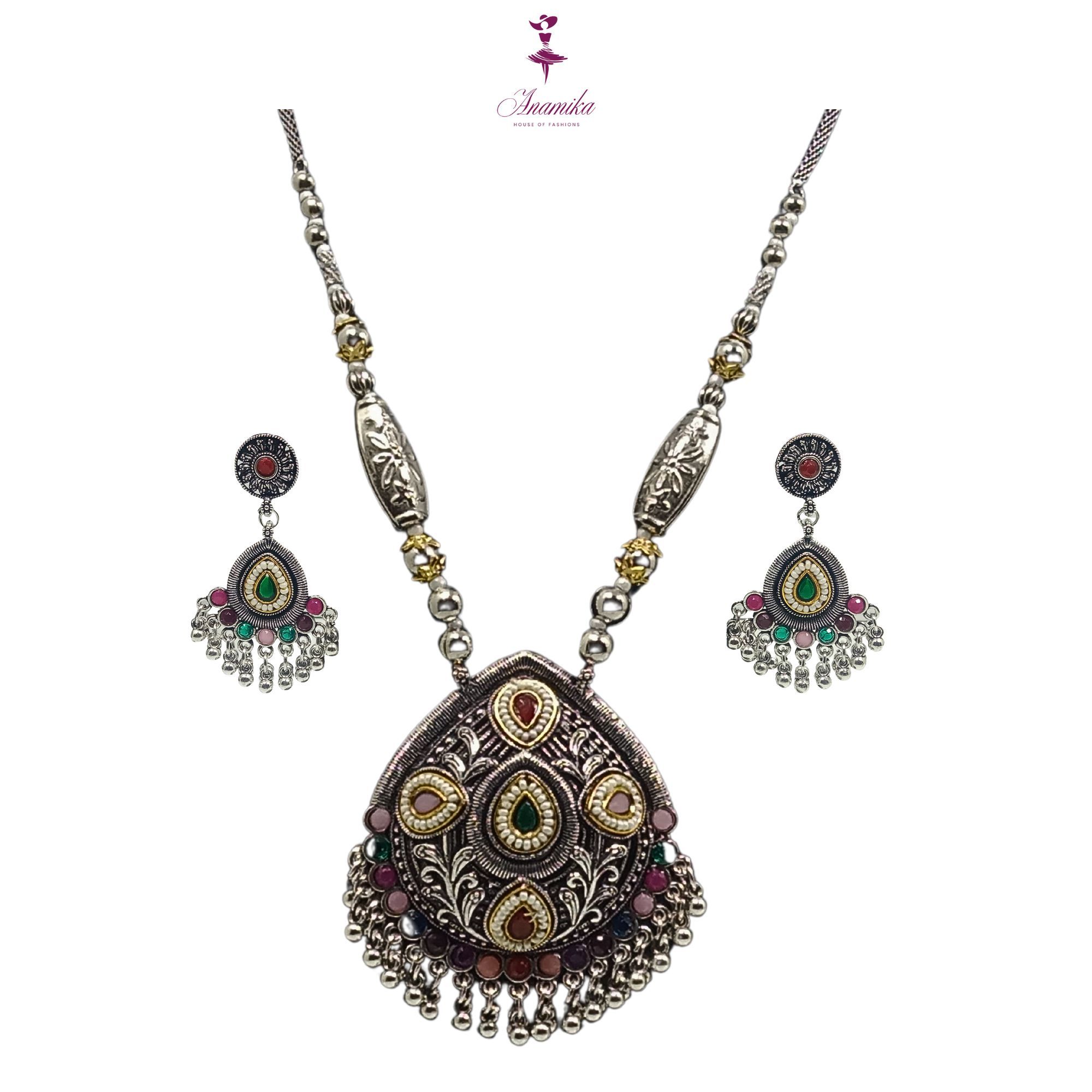 ANAMIKA Luxury Handcrafted Necklace Jewellery Set with Ear Rings, Oxidized, Oval Pendant,  Pearls, Stones Green, Pink, Purple