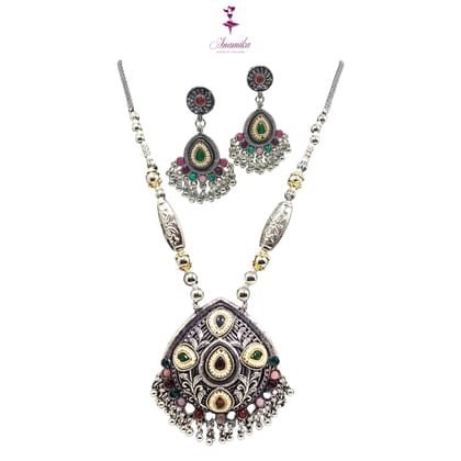 ANAMIKA Luxury Handcrafted Necklace Jewellery Set with Ear Rings, Oxidized, Oval Pendant,  Green Pink and Purple Stone