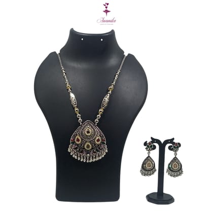 ANAMIKA Luxury Handcrafted Necklace Jewellery Set with Ear Rings, Oxidized, Oval Pendant, AD Pearls, Pink, Purple, Grey