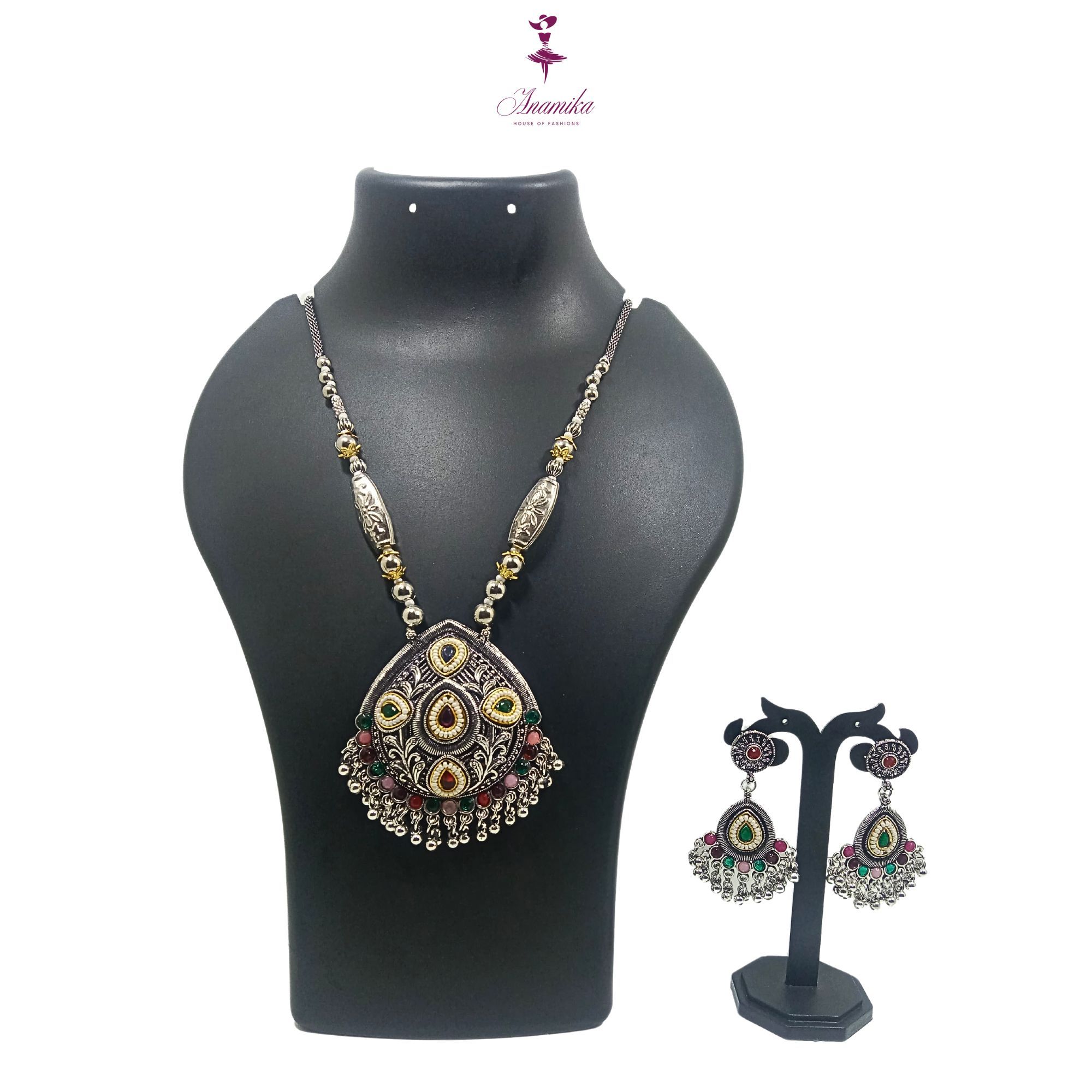 ANAMIKA Luxury Handcrafted Necklace Jewellery Set with Ear Rings, Oxidized, Oval Pendant,  Grey Pink and Green stone