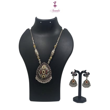 ANAMIKA Luxury Handcrafted Necklace Jewellery Set with Ear Rings, Oxidized, Tear-Drop Pendant, AD Pearls, Green, Purple, Red