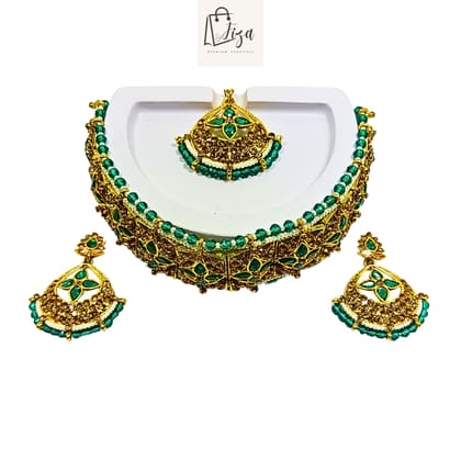Fiza Luxury Handcrafted Gold Plated Guluband Jewellery Set with Earrings And Mangtika, AD, Pearl, Feroze Blue Fiza Luxury Handcrafted Gold Plated Guluband Jewellery Set with Earrings And Mangtika, AD, Pearl, Feroze Blue