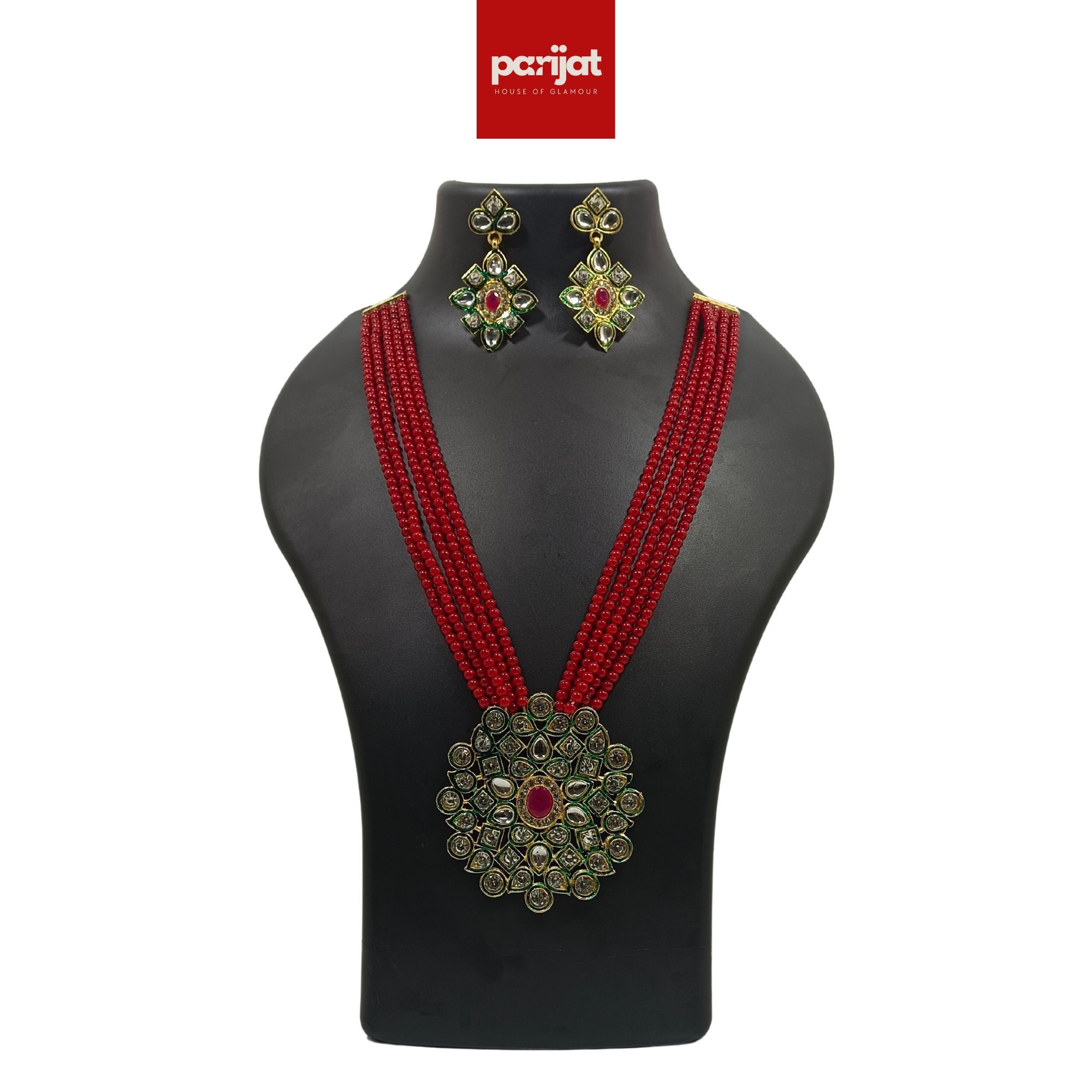 Parijat Luxury Handcrafted Gold Plated Necklace with Earrings, AD, Pearl, Red and White