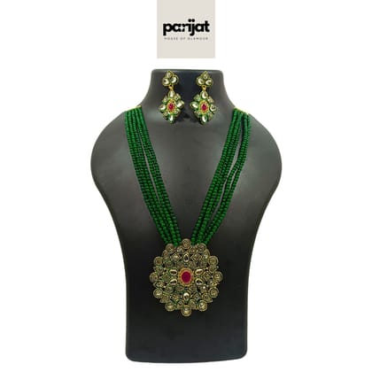 Parijat Luxury Handcrafted Gold Plated Necklace with Earrings, AD, Pearl, Green and White Parijat Luxury Handcrafted Gold Plated Necklace with Earrings, AD, Pearl, Green and White