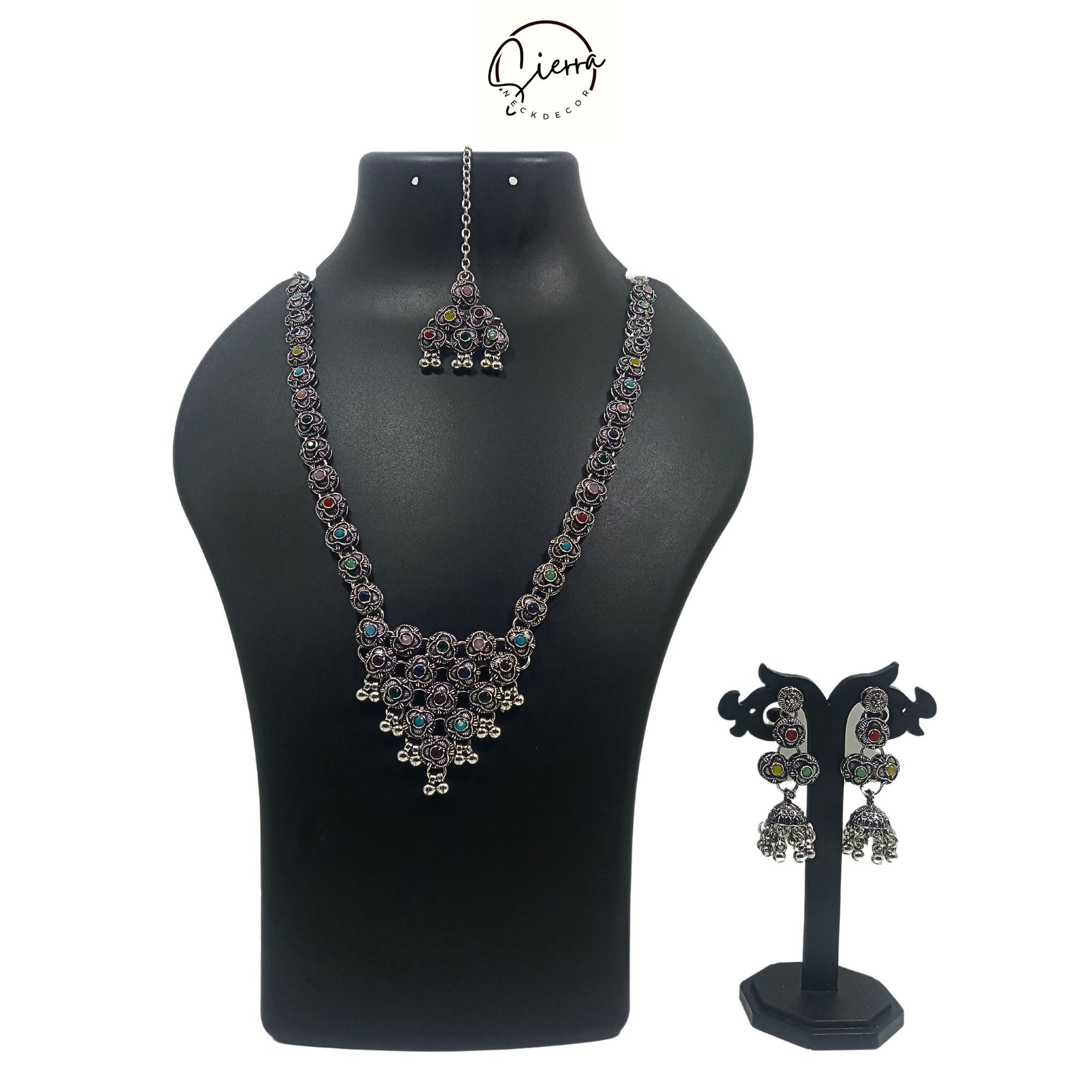 SIERRA Necklace Jewellery Set with Ear Rings, MaangTika, Oxidized, V Shaped Pendant, AD, Multicolored