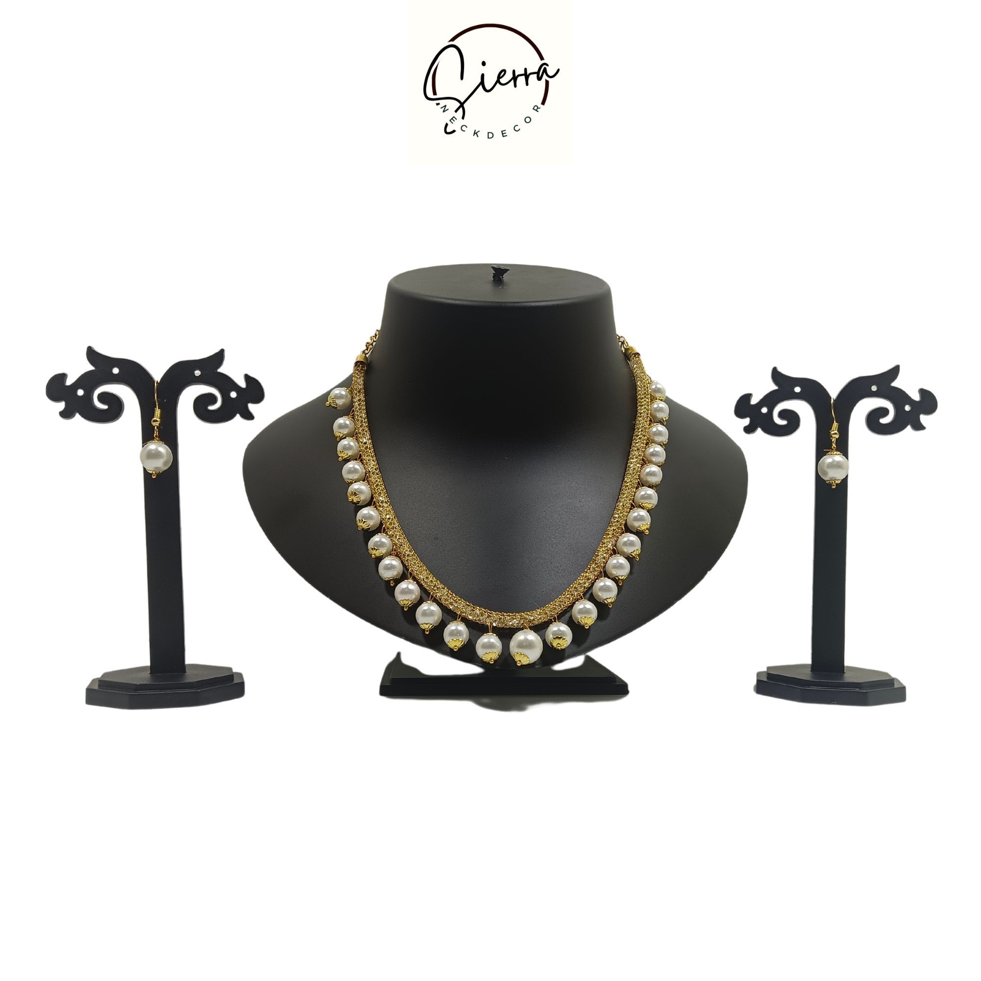 Sierra Luxury Handcrafted Gold Plated Necklace Jewellery Set with Earrings, AD, Pearl - White