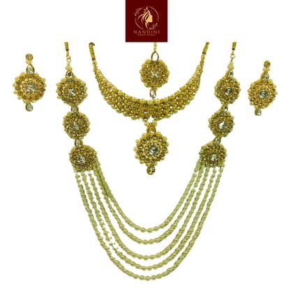 Nandini Luxury Handcrafted Gold Plated Necklace Jewellery Set with Long Chain, Earrings And Mangtika, Clear AD, Pearl Off-White