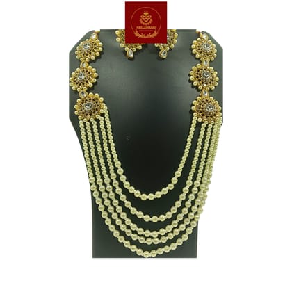 Nandini Luxury Handcrafted Gold Plated Necklace Jewellery Set with Long Chain, Earrings And Mangtika, AD Brown, Sapphire, Pearl Off-White Nandini Luxury Handcrafted Gold Plated Necklace Jewellery Set with Long Chain, Earrings And Mangtika, AD Brown, Sapphire, Pearl Off-White