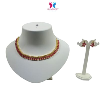VELVET Luxury Handcrafted Gold Plated Necklace Set, White AD, Pink Stone