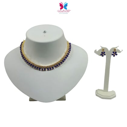 VELVET Luxury Handcrafted Gold Plated Necklace Set, White AD, Blue Stone