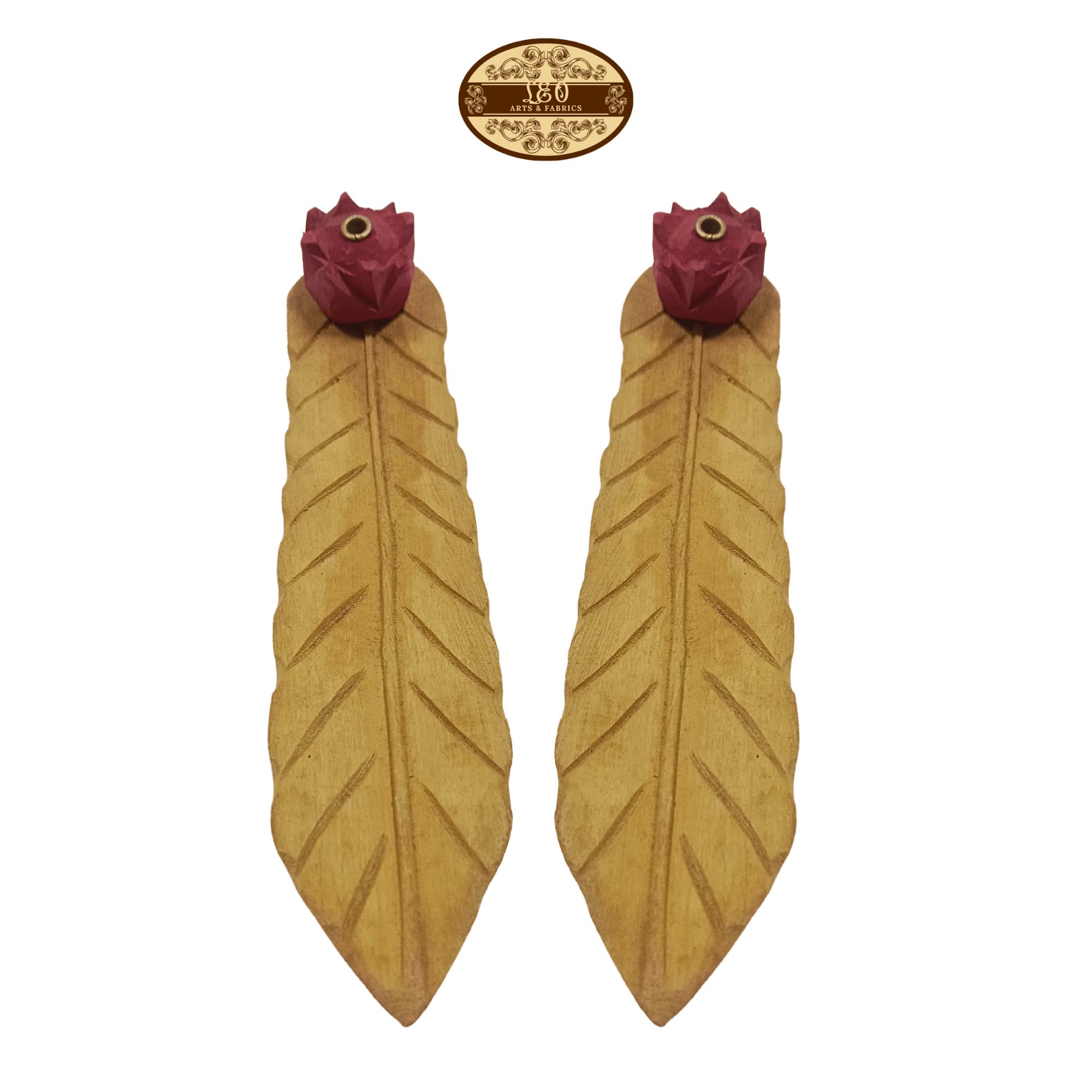 Handcrafted Wooden Incense Stick Holder with Pink Flower Figurine, 15 cm - Pack of 2