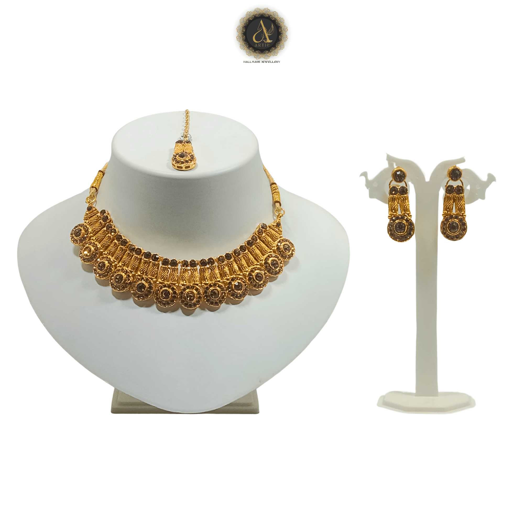 Artik Hallmark - Luxury Handcrafted Gold Plated Spiral Necklace Set with Earrings And Mangtika, Brown AD, Suited for Party Wedding Festive for Women