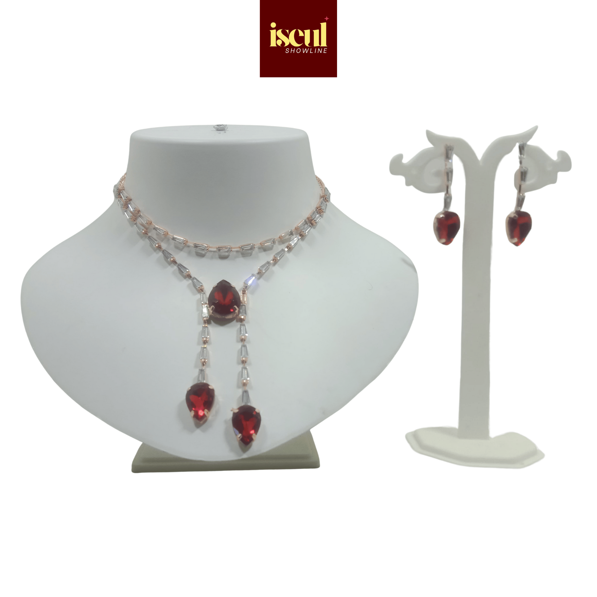 Iseul Showline - Luxury Handcrafted Rose Gold Short Necklace Set with Heart Shape Pendant, matching Earrings, Red