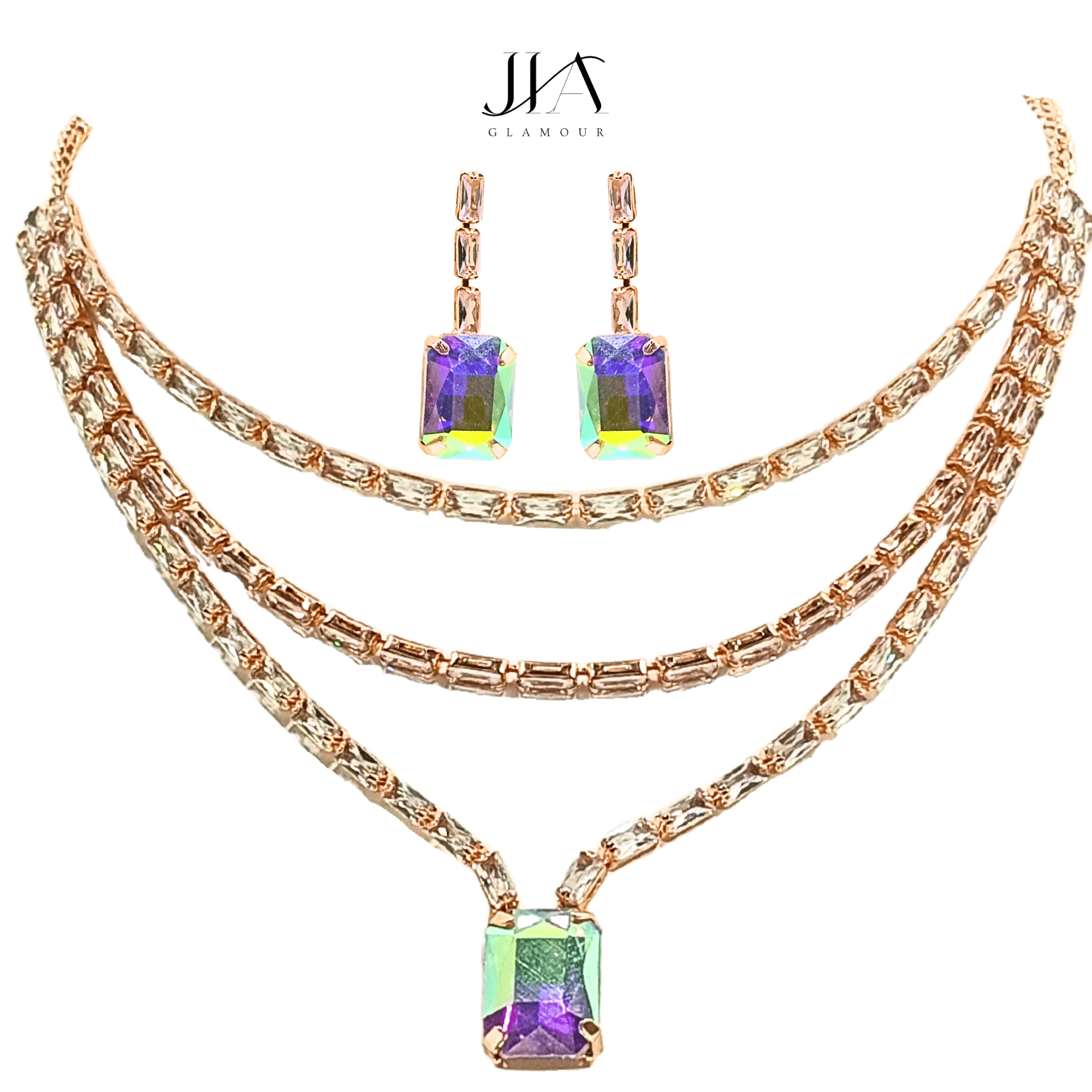 Jia Glamour Luxury Handcrafted Rose Gold Plated AD Necklace Set with Earrings Multiglow
