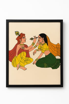 Framed Sohrai Painting on Cloth – Depicting Traditional Indian Women in Folk Art Style