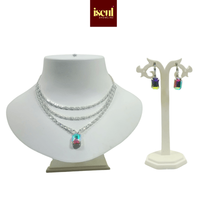 Iseul Showline - Luxury Handcrafted Silver-Toned Short Necklace Set with Rectangular Pendant, matching Earrings, Multishade