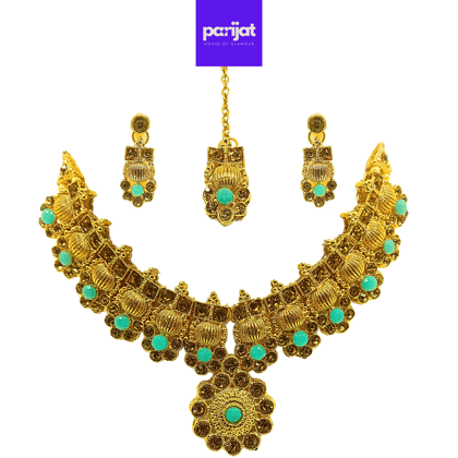 Parijat Elegant Luxury Handcrafted Gold Plated Necklace Jewellery Set with Earrings And Mangtika, AD, Sea Blue Stone