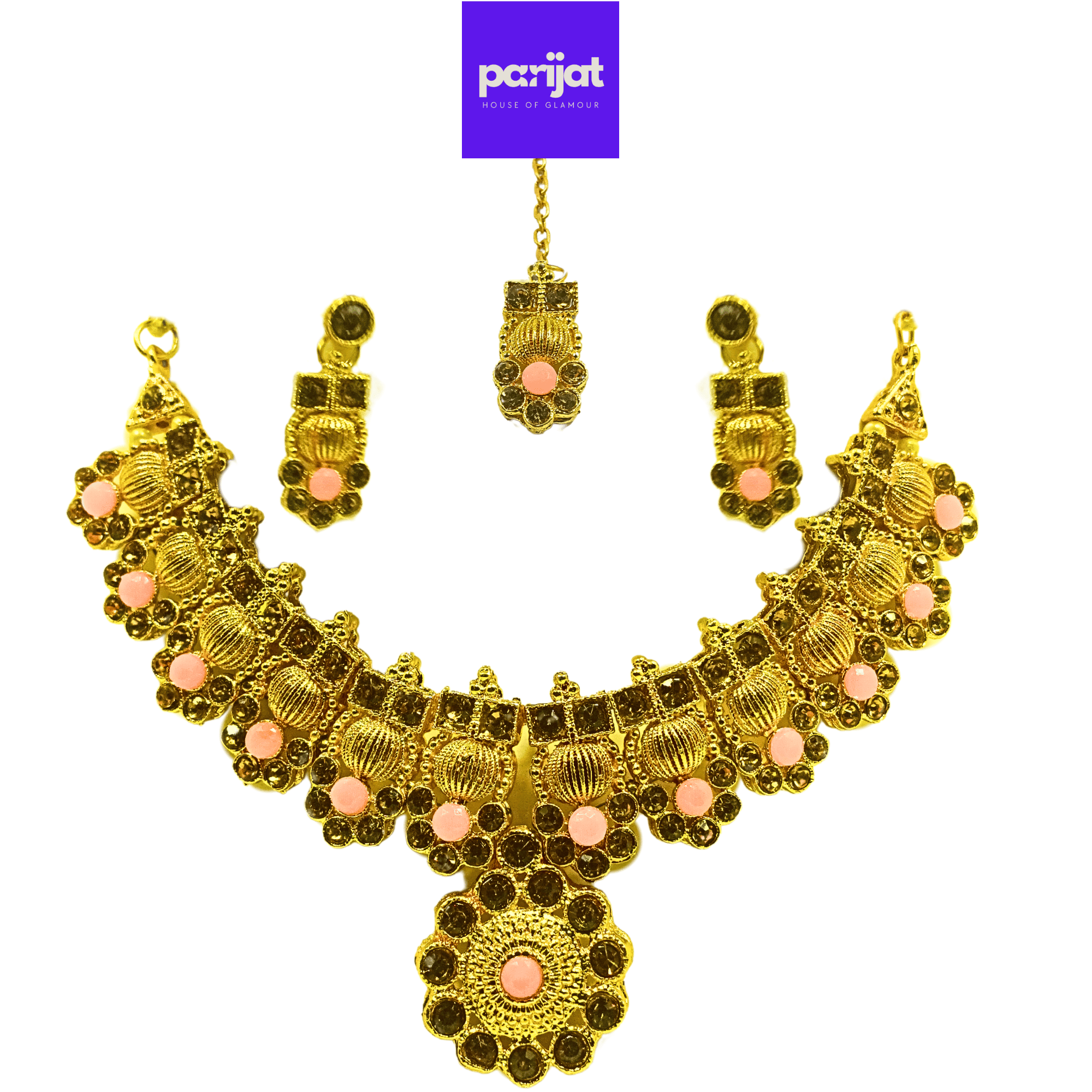 Parijat Elegant Luxury Handcrafted Gold Plated Necklace Jewellery Set with Earrings And Mangtika, Baby Pink Stone